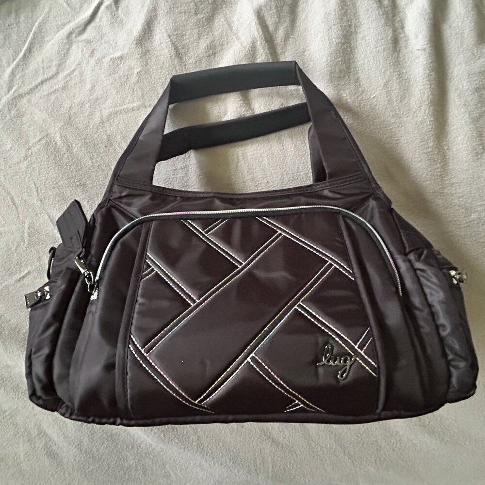 Lug Rumble Satchel with Crossbody Strap Black with Rainbow Stitching